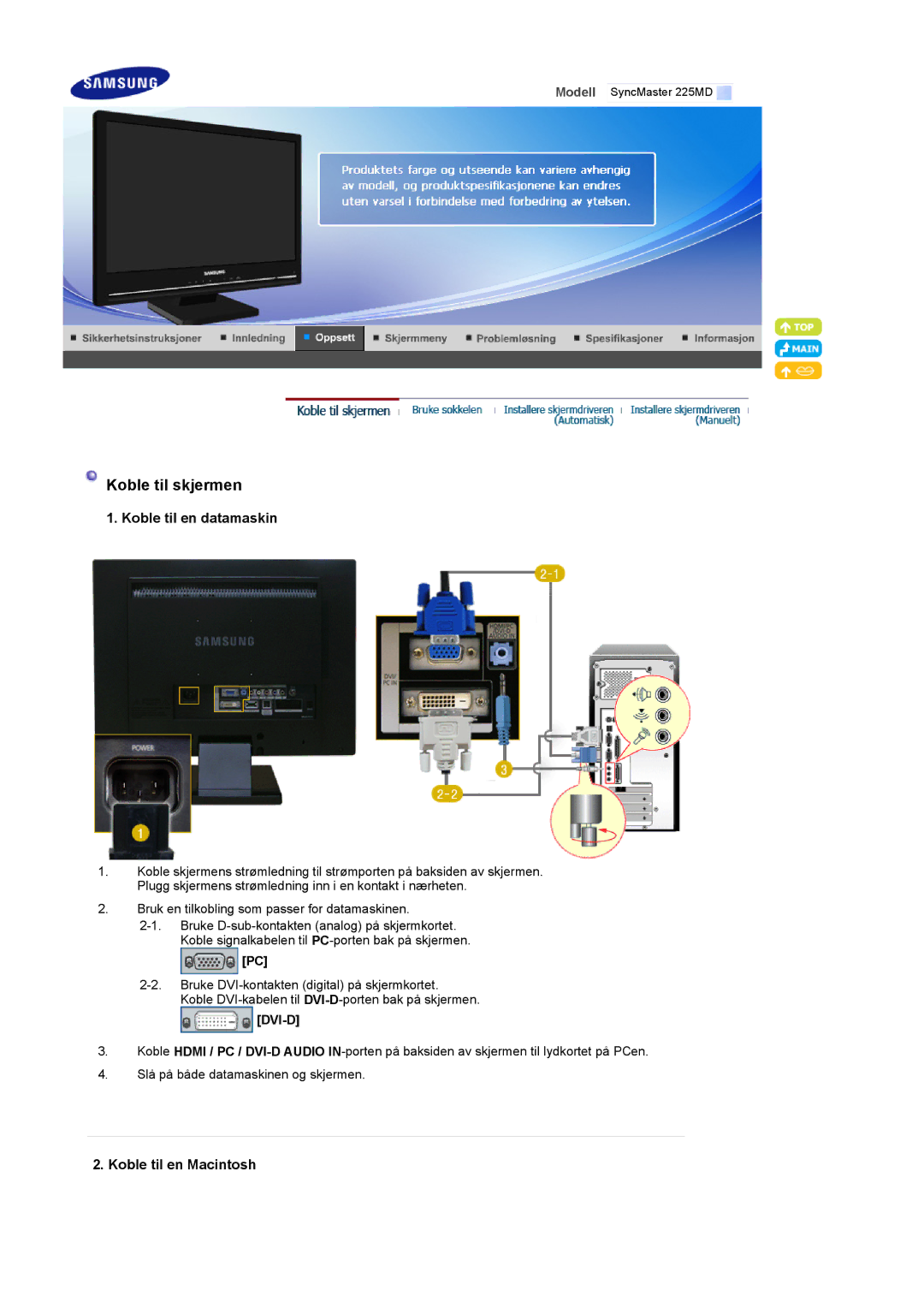 Samsung LS22CRDSF/EDC manual Koble til en datamaskin, Koble til en Macintosh 