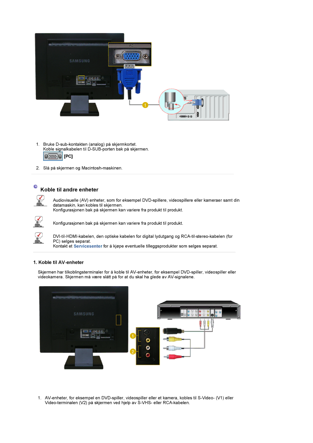 Samsung LS22CRDSF/EDC manual Koble til andre enheter, Koble til AV-enheter 