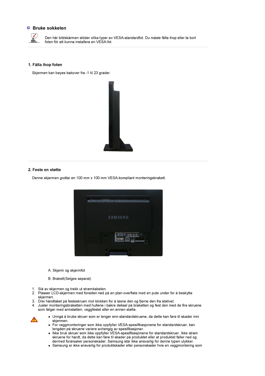 Samsung LS22CRDSF/EDC manual Fälla ihop foten, Feste en støtte 