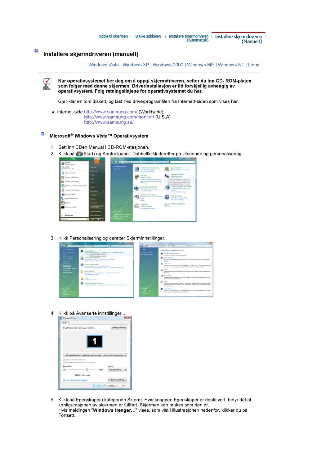 Samsung LS22CRDSF/EDC manual Installere skjermdriveren manuelt, Microsoft Windows Vista Operativsystem 