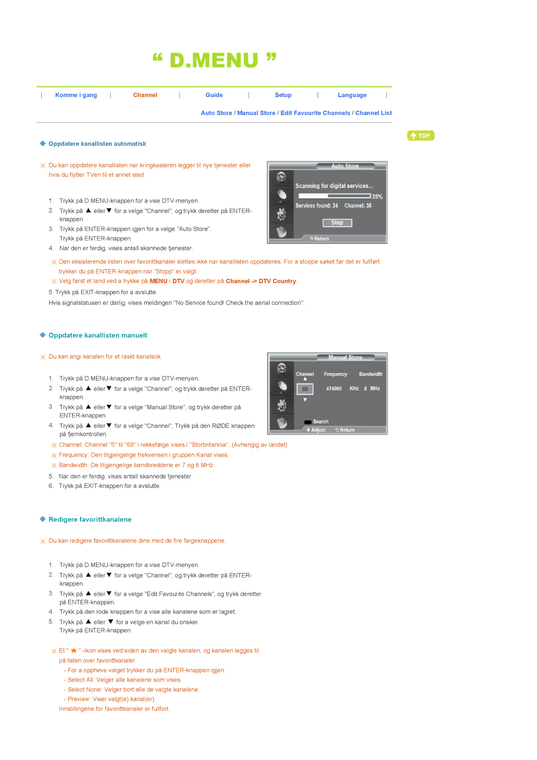 Samsung LS22CRDSF/EDC manual Oppdatere kanallisten manuelt, Redigere favorittkanalene 