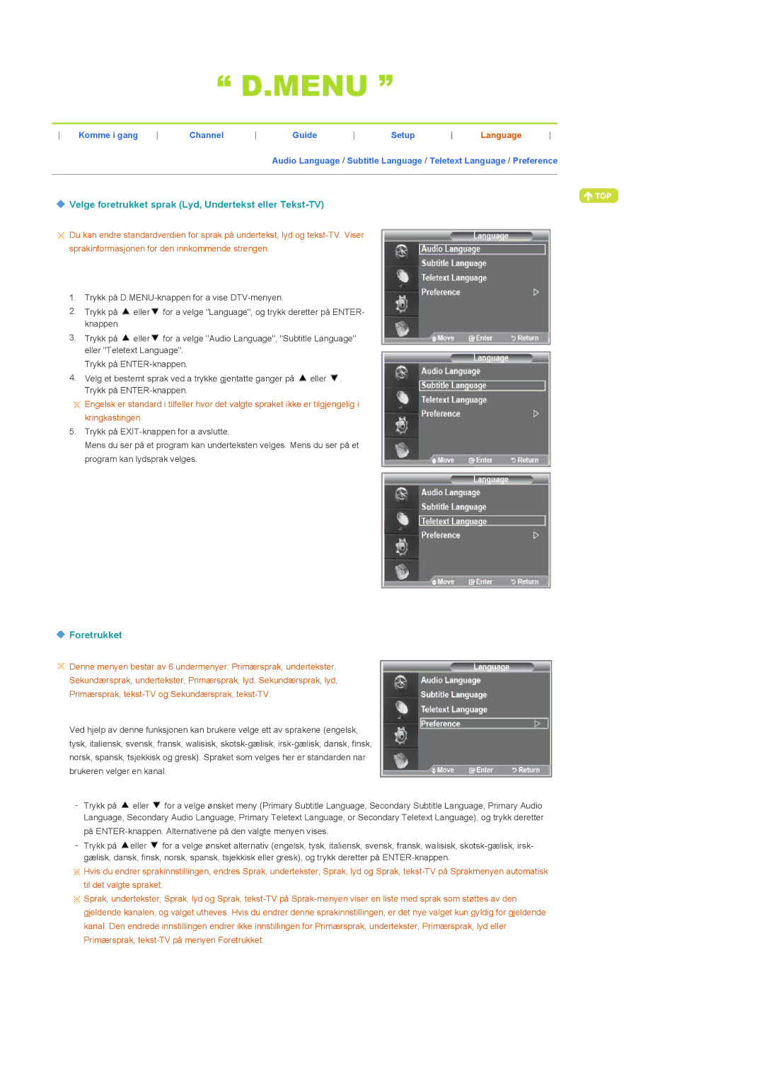 Samsung LS22CRDSF/EDC manual Velge foretrukket sprak Lyd, Undertekst eller Tekst-TV, Foretrukket 