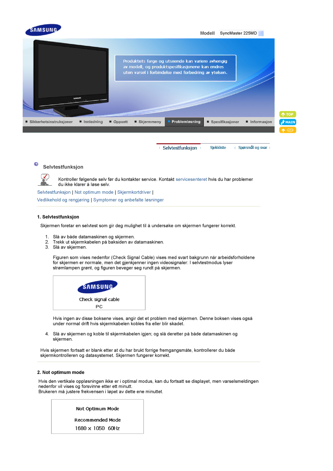 Samsung LS22CRDSF/EDC manual Selvtestfunksjon, Not optimum mode 