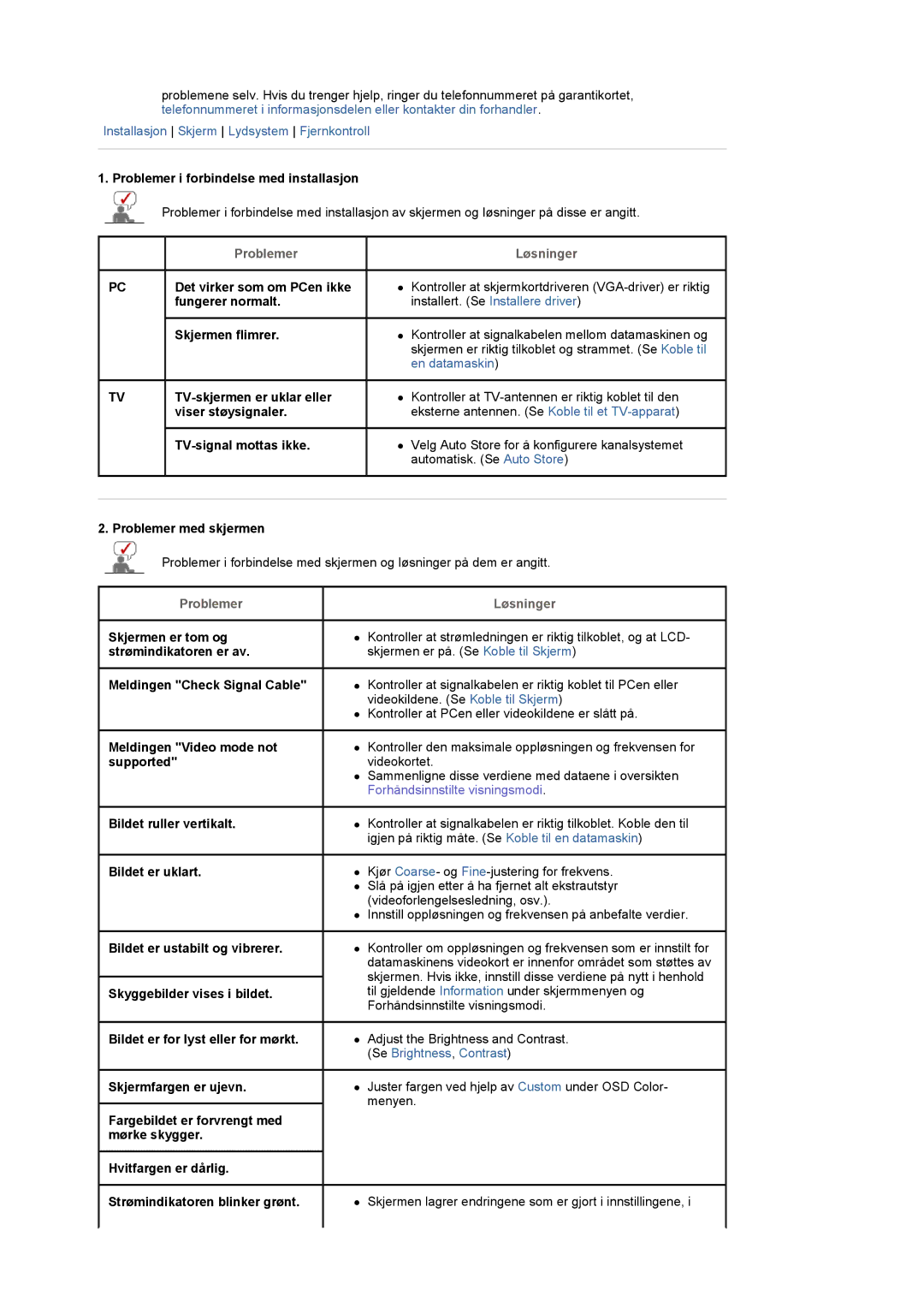 Samsung LS22CRDSF/EDC manual Problemer i forbindelse med installasjon, Det virker som om PCen ikke, Fungerer normalt 