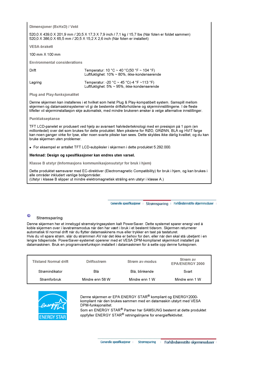 Samsung LS22CRDSF/EDC manual Strømsparing, Merknad Design og spesifikasjoner kan endres uten varsel 