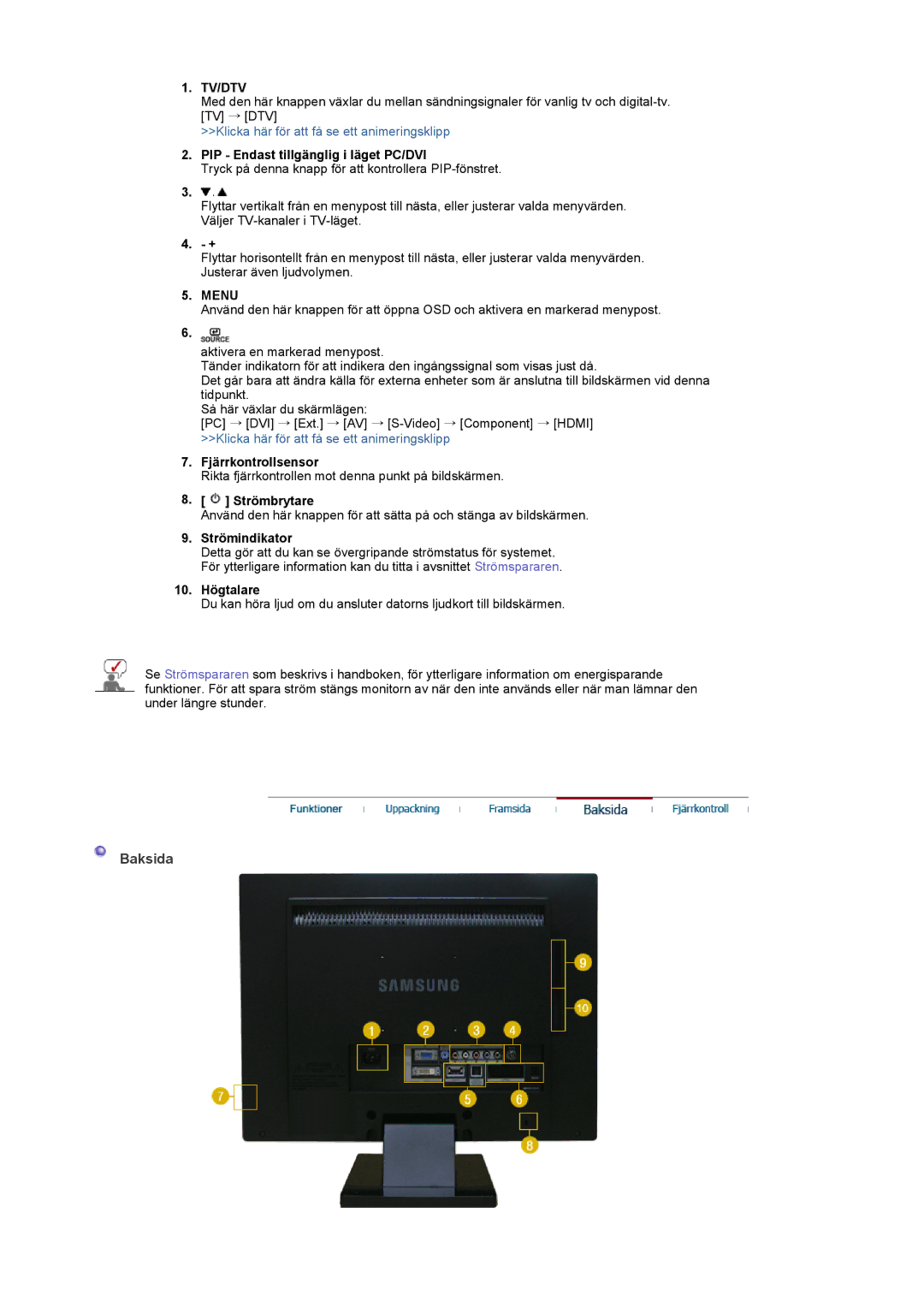 Samsung LS22CRDSF/EDC manual Baksida, PIP Endast tillgänglig i läget PC/DVI, Fjärrkontrollsensor 