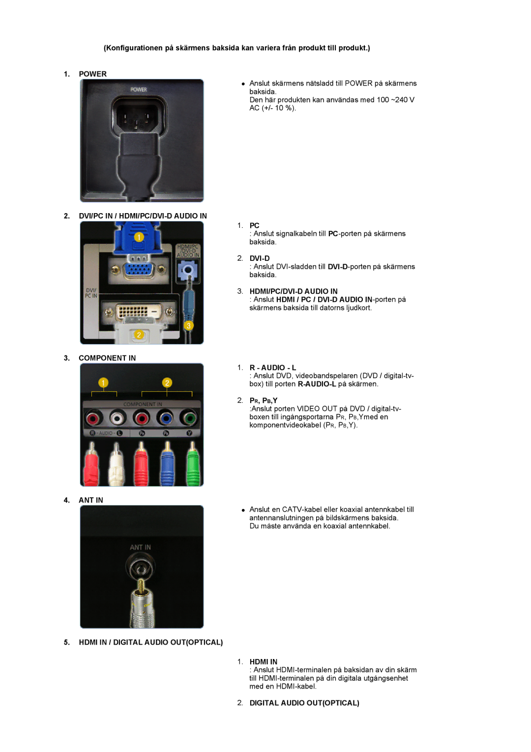 Samsung LS22CRDSF/EDC manual Power, DVI/PC in / HDMI/PC/DVI-D Audio, Component, Ant, Hdmi in / Digital Audio Outoptical 