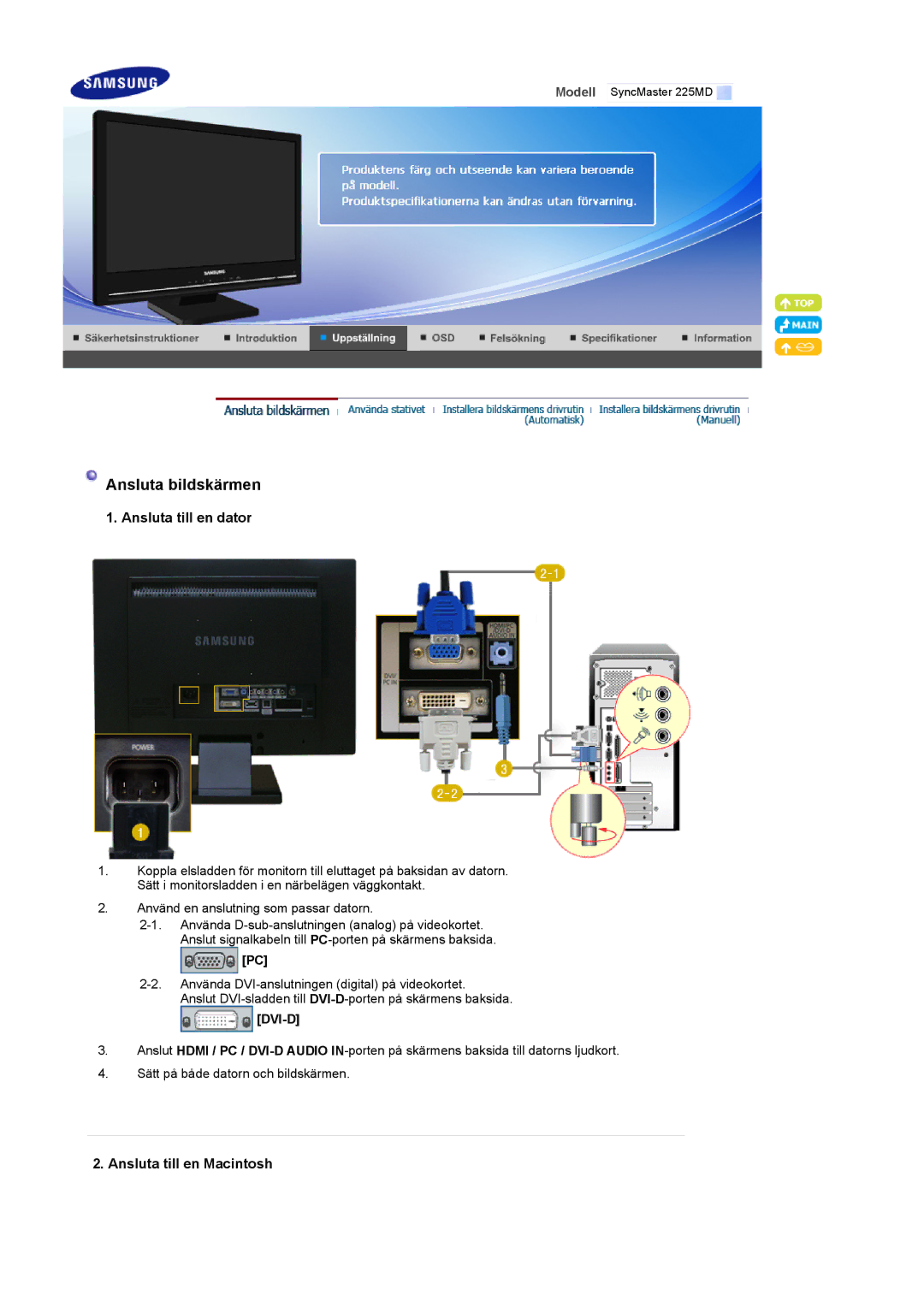 Samsung LS22CRDSF/EDC manual Ansluta till en dator, Ansluta till en Macintosh 