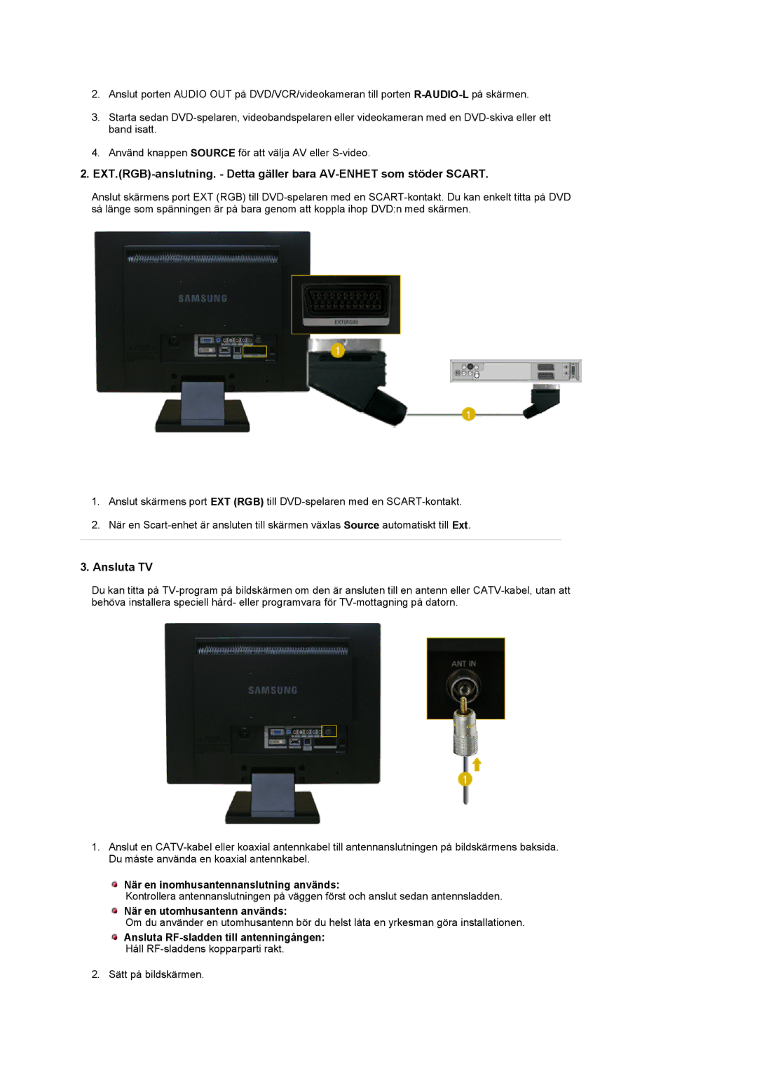 Samsung LS22CRDSF/EDC manual Ansluta TV, När en inomhusantennanslutning används, När en utomhusantenn används 