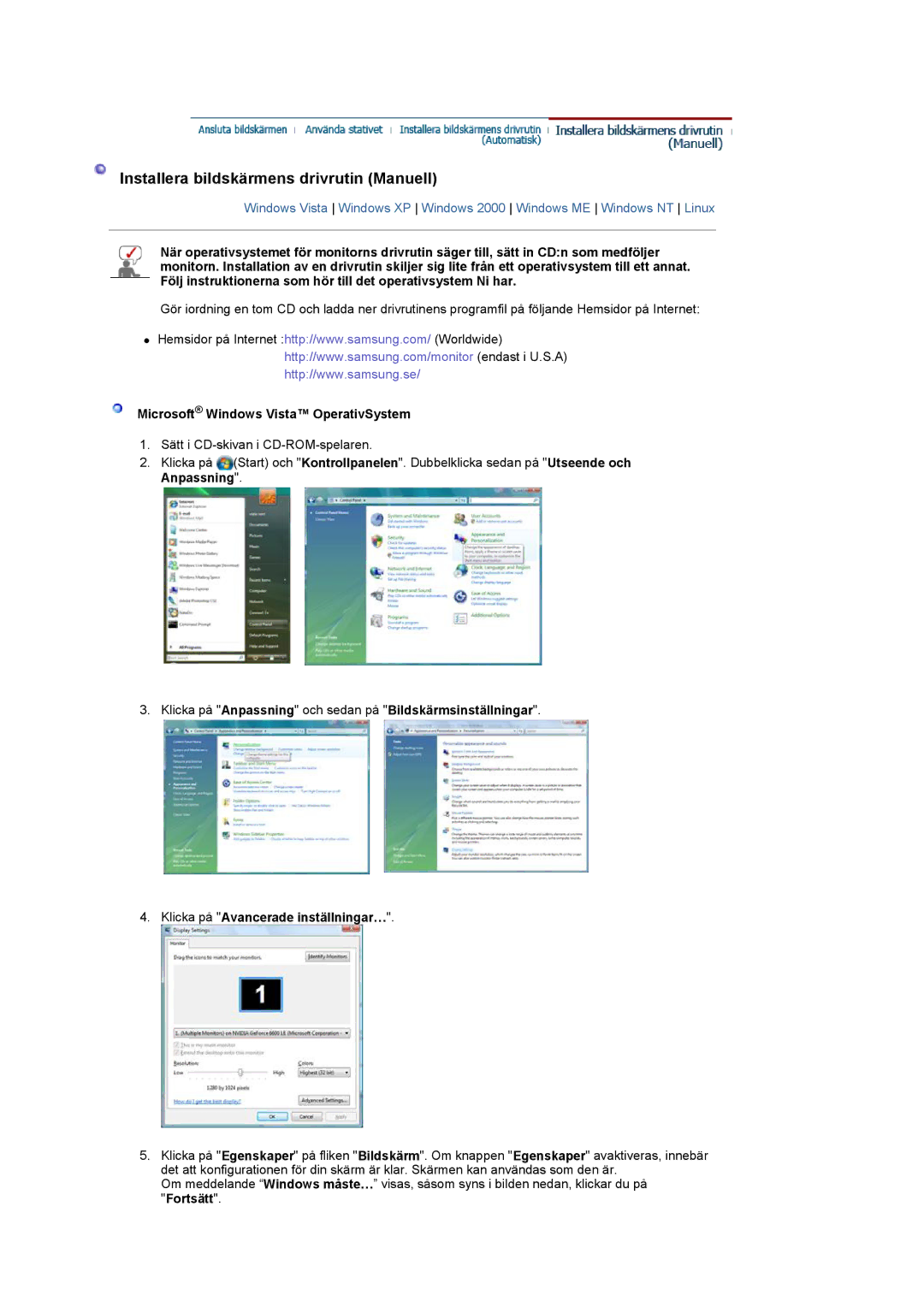 Samsung LS22CRDSF/EDC manual Installera bildskärmens drivrutin Manuell, Microsoft Windows Vista OperativSystem 