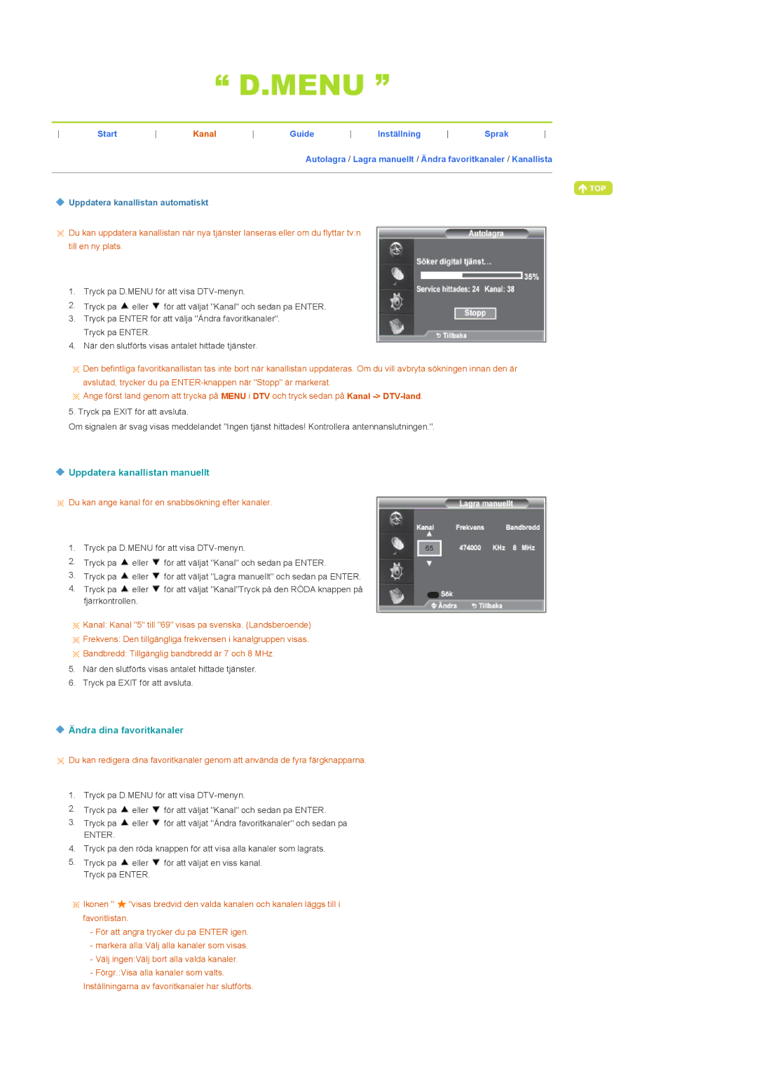 Samsung LS22CRDSF/EDC manual Uppdatera kanallistan manuellt, Ändra dina favoritkanaler 