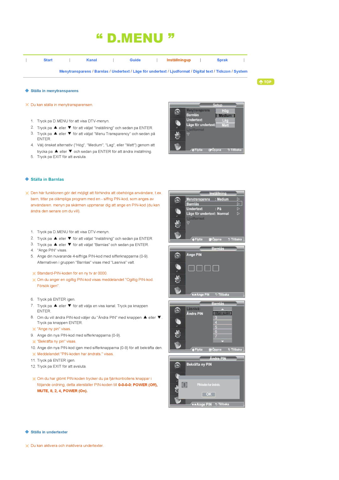 Samsung LS22CRDSF/EDC manual Ställa in Barnlas, Inställningup 