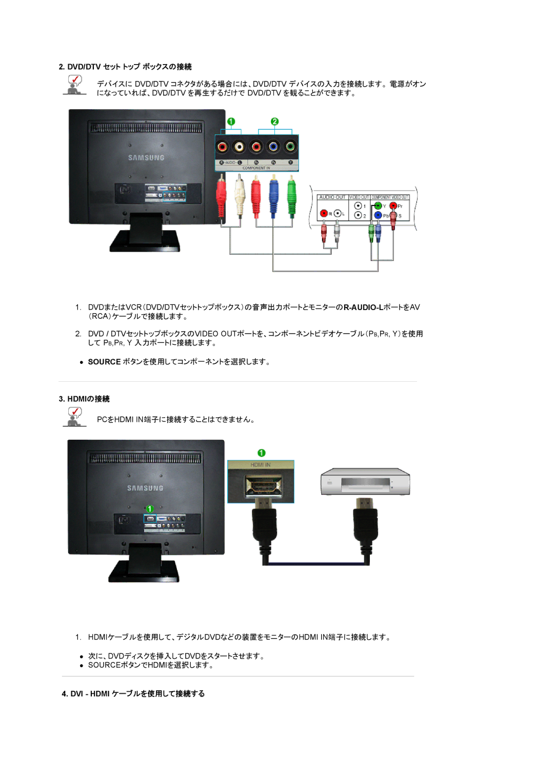 Samsung LS22CRWSB/XSJ, LS22CRWSBV/XSJ manual Dvd/Dtv セット トップ ボックスの接続, Hdmiの接続, DVI Hdmi ケーブルを使用して接続する 