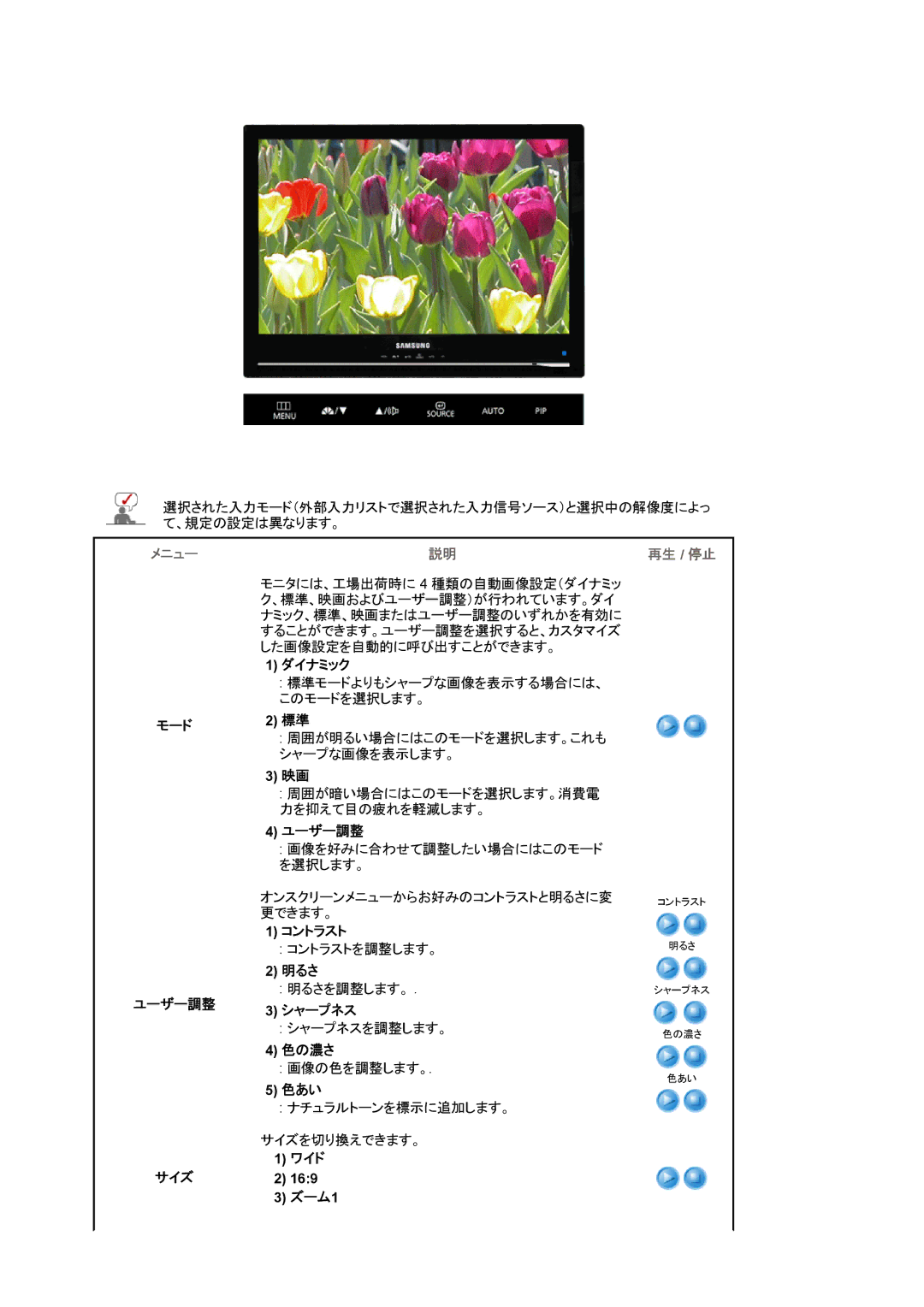 Samsung LS22CRWSB/XSJ, LS22CRWSBV/XSJ manual モード ユーザー調整 サイズ, ダイナミック, ズーム1 