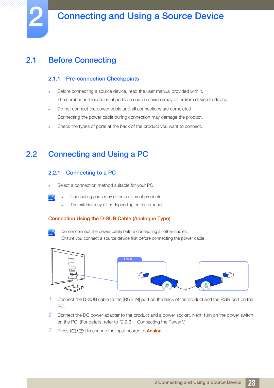 Samsung LS22D390QS/EN, LS27D390HS/EN Connecting and Using a Source Device, Before Connecting, Connecting and Using a PC 