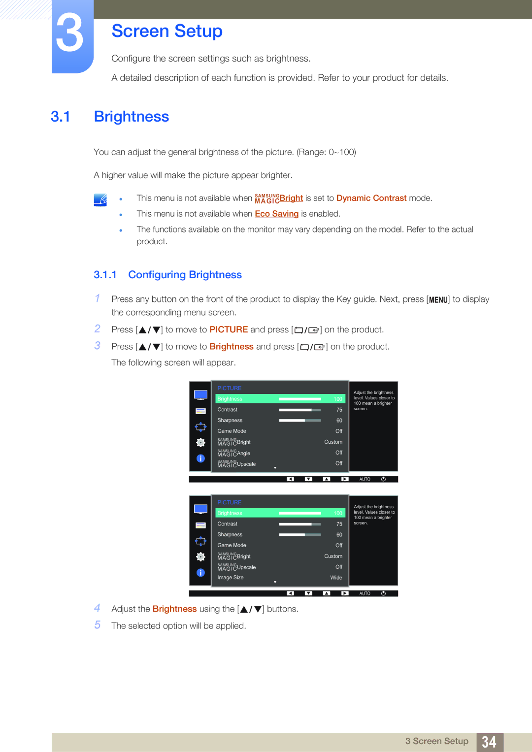 Samsung LS22D390HS/NG, LS22D390QS/EN, LS27D390HS/EN, LS24D390HL/EN, LS22D390HS/EN Screen Setup, Configuring Brightness 