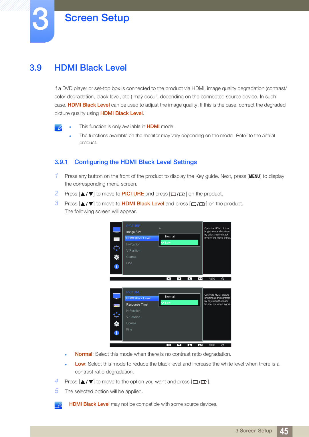 Samsung LS24D390HL/XV, LS22D390QS/EN, LS27D390HS/EN, LS24D390HL/EN manual Configuring the Hdmi Black Level Settings 