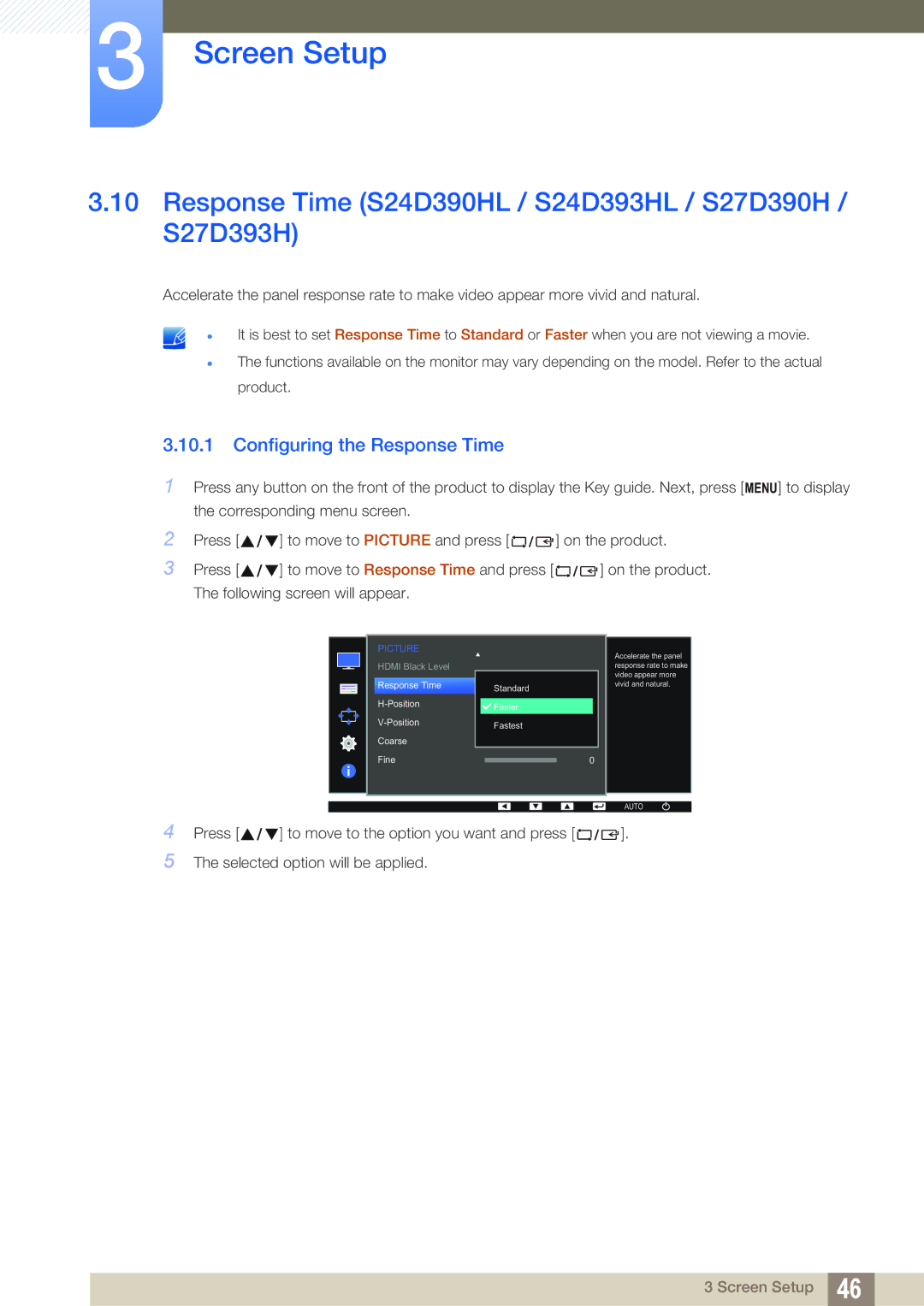 Samsung LS27D390HS/XV manual Response Time S24D390HL / S24D393HL / S27D390H / S27D393H, Configuring the Response Time 