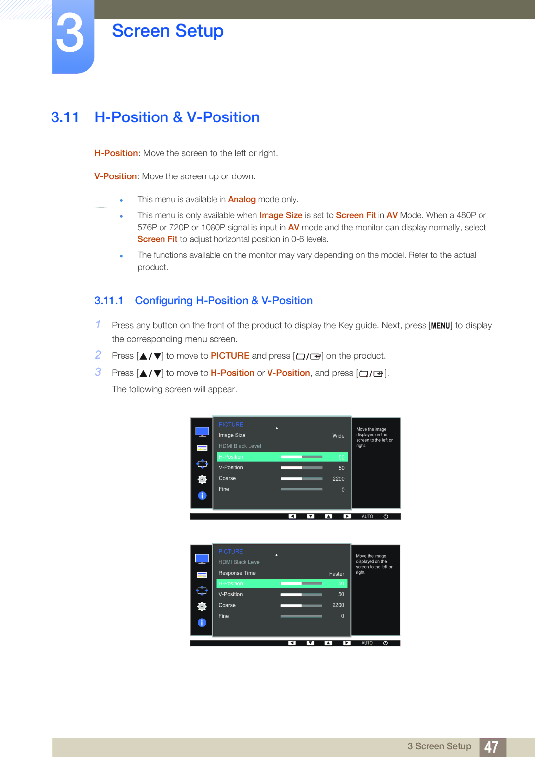 Samsung LS24D360HL/XV, LS22D390QS/EN, LS27D390HS/EN, LS24D390HL/EN, LS22D390HS/EN Configuring H-Position & V-Position 