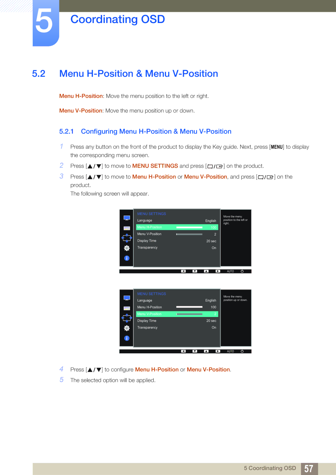 Samsung LS27D390HS/EN, LS22D390QS/EN, LS24D390HL/EN, LS22D390HS/EN manual Configuring Menu H-Position & Menu V-Position 