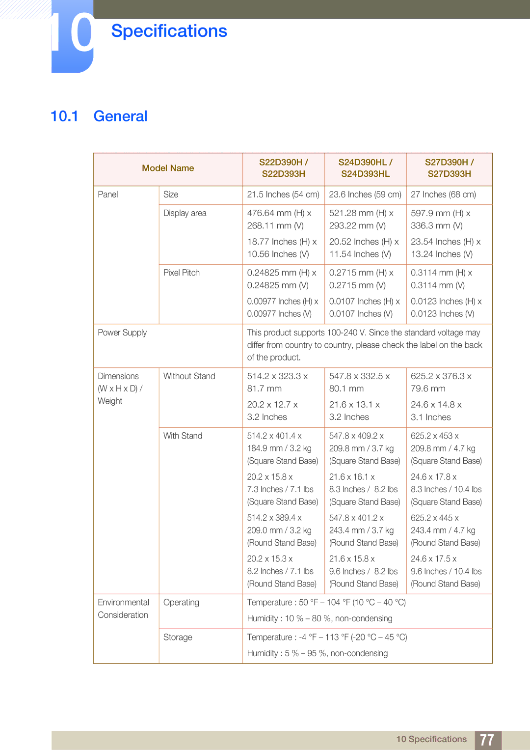 Samsung LS27D390HSX/RU, LS22D390QS/EN, LS27D390HS/EN, LS24D390HL/EN, LS22D390HS/EN, LS22D390HSX/KZ Specifications, General 