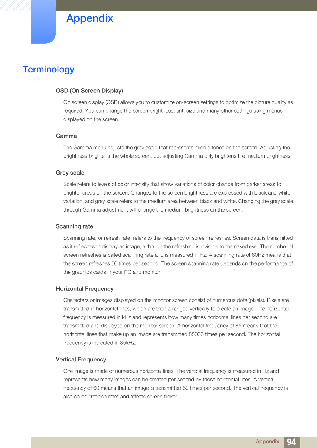 Samsung LS24D390HL/ZN, LS22D390QS/EN, LS27D390HS/EN, LS24D390HL/EN, LS22D390HS/EN manual Terminology, OSD On Screen Display 