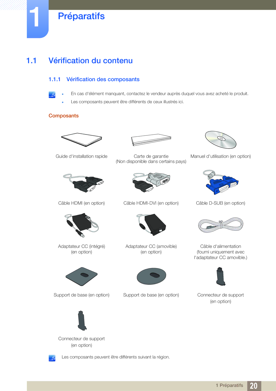 Samsung LS22D390QS/EN, LS27D390HS/EN, LS24D390HL/EN Préparatifs, Vérification du contenu, 1 Vérification des composants 