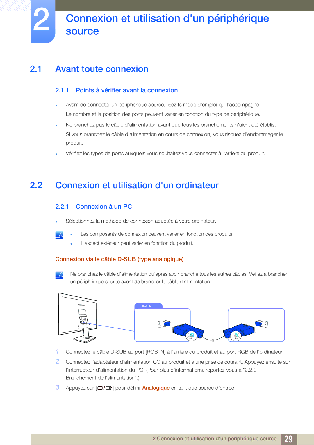 Samsung LS27D390HS/EN manual Connexionsource et utilisation dun périphérique, Avant toute connexion, Connexion à un PC 