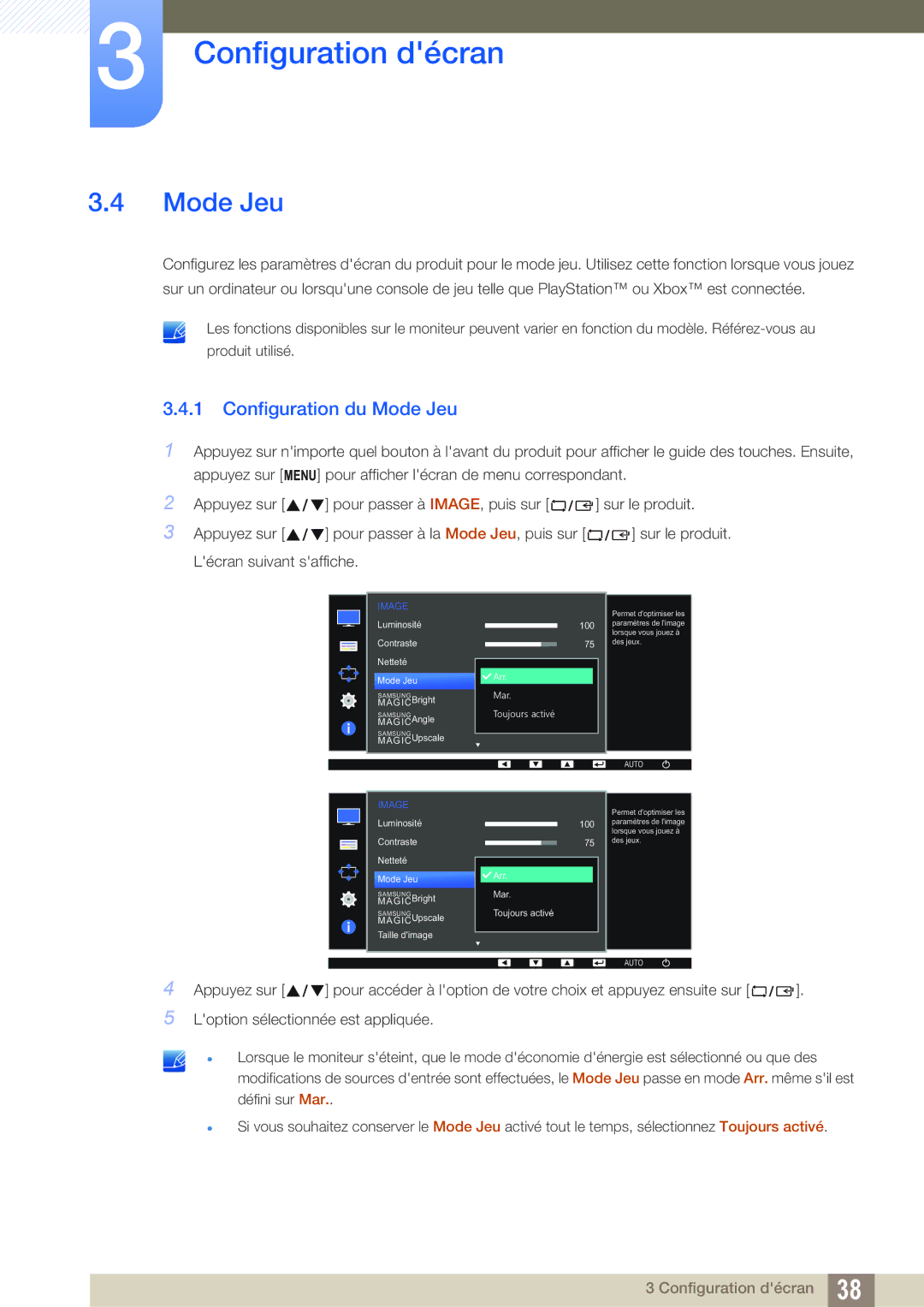 Samsung LS24D390HL/EN, LS22D390QS/EN, LS27D390HS/EN, LS22D390HS/EN manual Configuration du Mode Jeu 