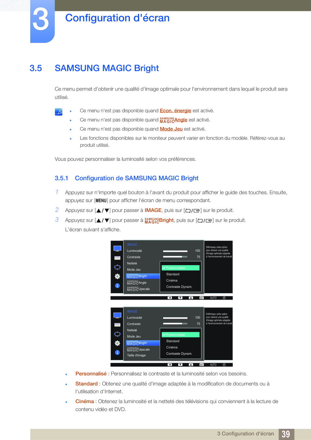 Samsung LS22D390HS/EN, LS22D390QS/EN, LS27D390HS/EN, LS24D390HL/EN manual Configuration de Samsung Magic Bright 