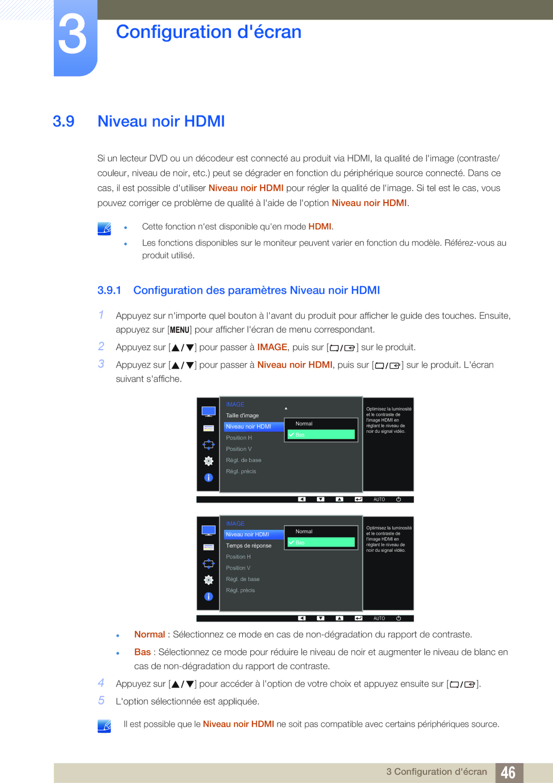 Samsung LS24D390HL/EN, LS22D390QS/EN, LS27D390HS/EN, LS22D390HS/EN manual Configuration des paramètres Niveau noir Hdmi 