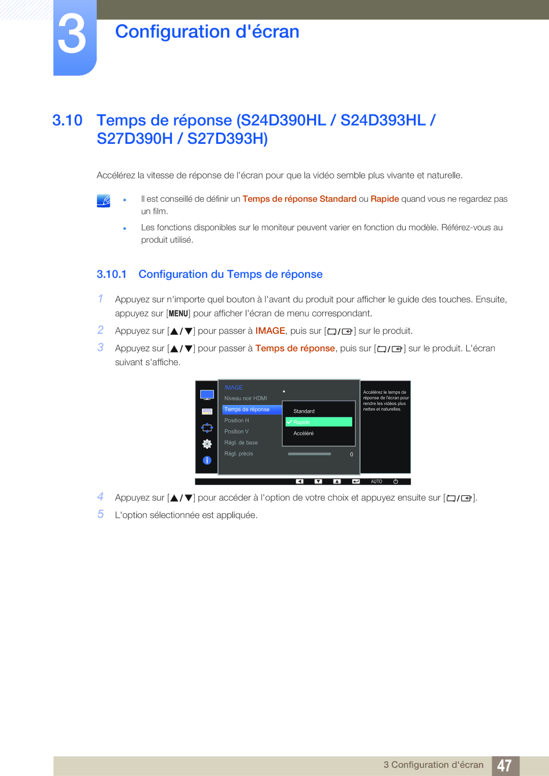 Samsung LS22D390HS/EN Temps de réponse S24D390HL / S24D393HL / S27D390H / S27D393H, Configuration du Temps de réponse 