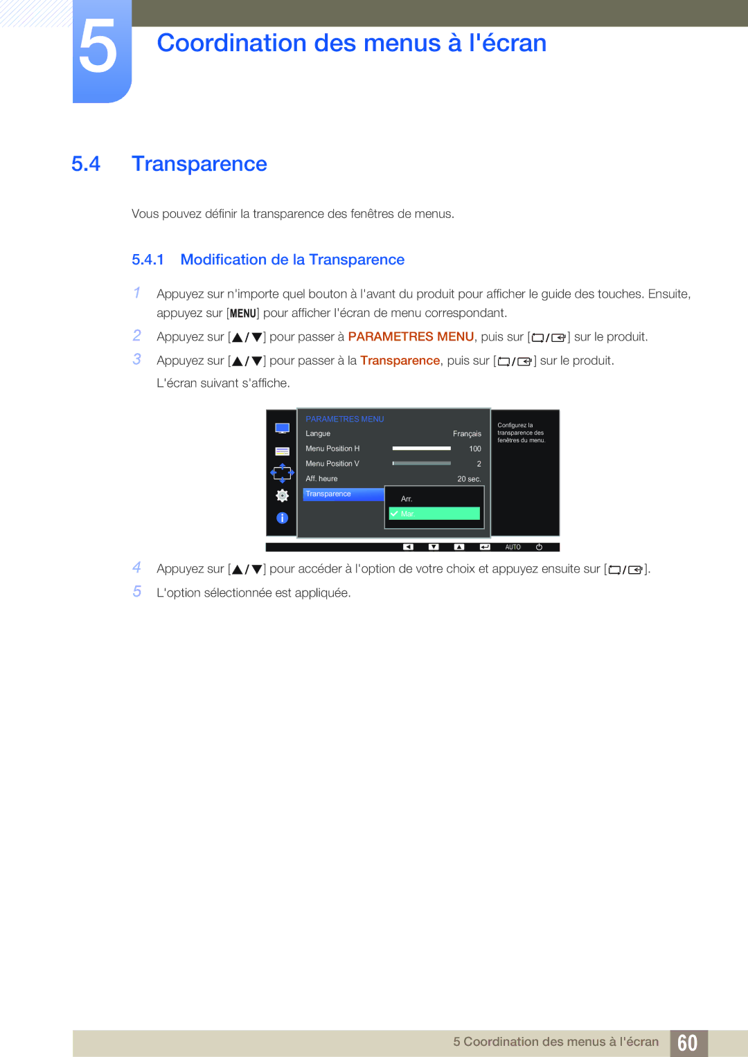 Samsung LS22D390QS/EN, LS27D390HS/EN, LS24D390HL/EN, LS22D390HS/EN manual Modification de la Transparence 