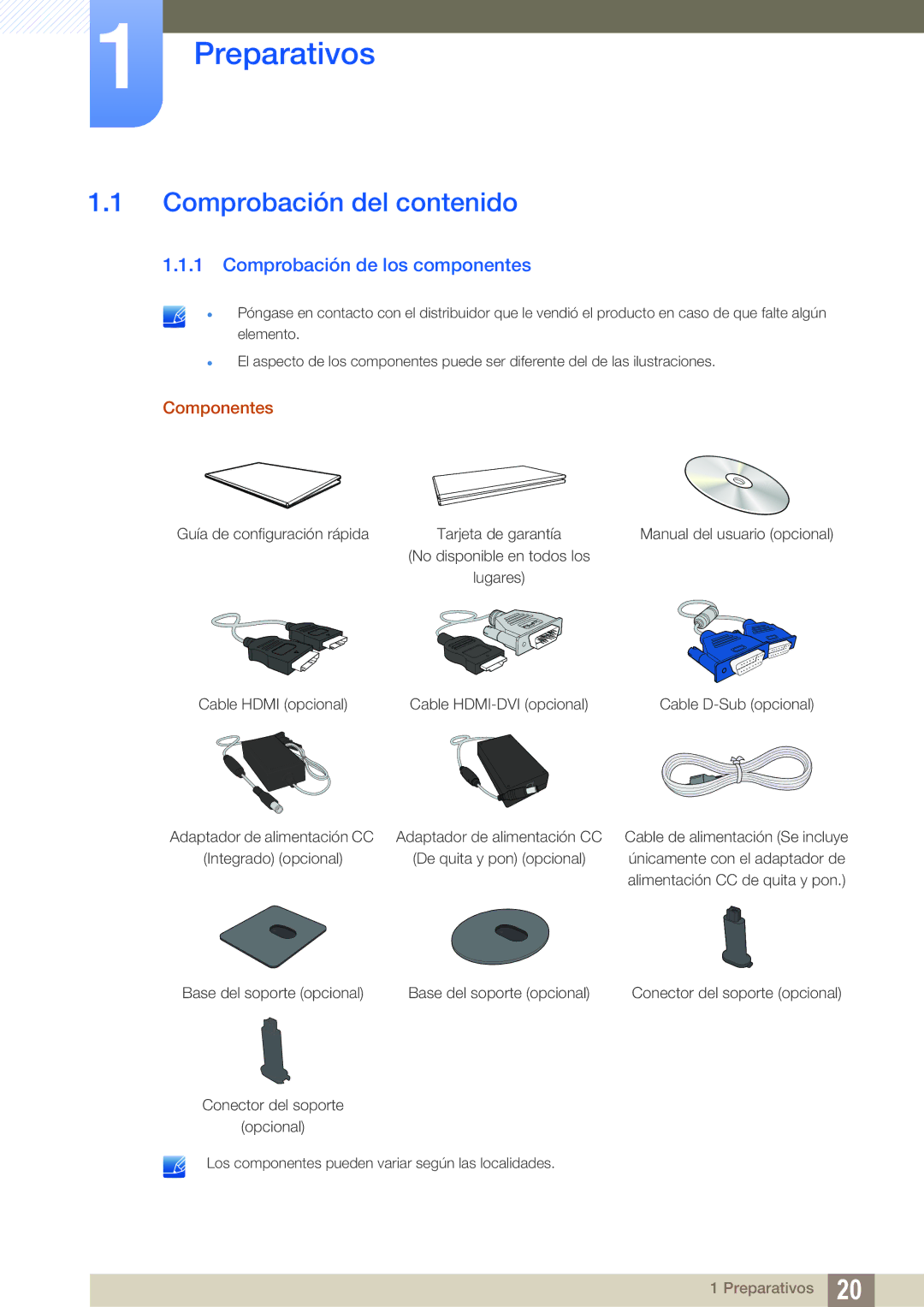 Samsung LS22D390QS/EN manual Preparativos, Comprobación del contenido, Comprobación de los componentes, Componentes 