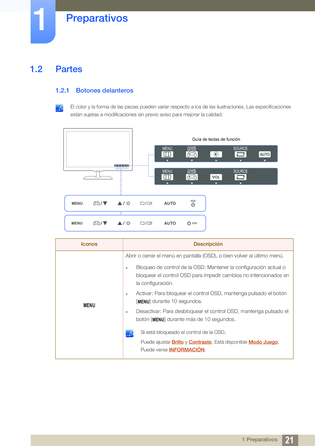 Samsung LS27D390HS/EN, LS22D390QS/EN, LS24D390HL/EN, LS22D390HS/EN manual Partes, Botones delanteros 