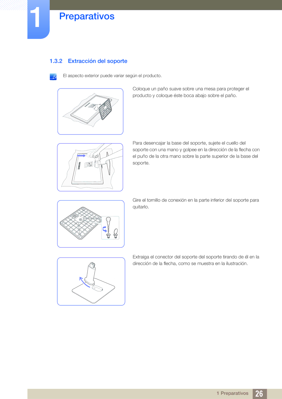 Samsung LS24D390HL/EN, LS22D390QS/EN, LS27D390HS/EN, LS22D390HS/EN manual Extracción del soporte 