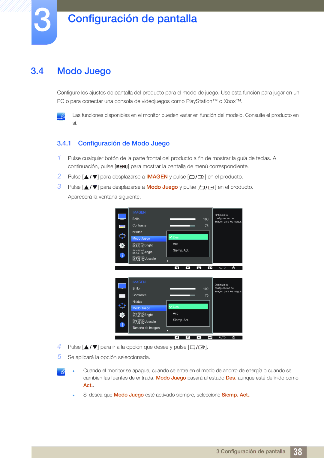 Samsung LS24D390HL/EN, LS22D390QS/EN, LS27D390HS/EN, LS22D390HS/EN manual Configuración de Modo Juego 