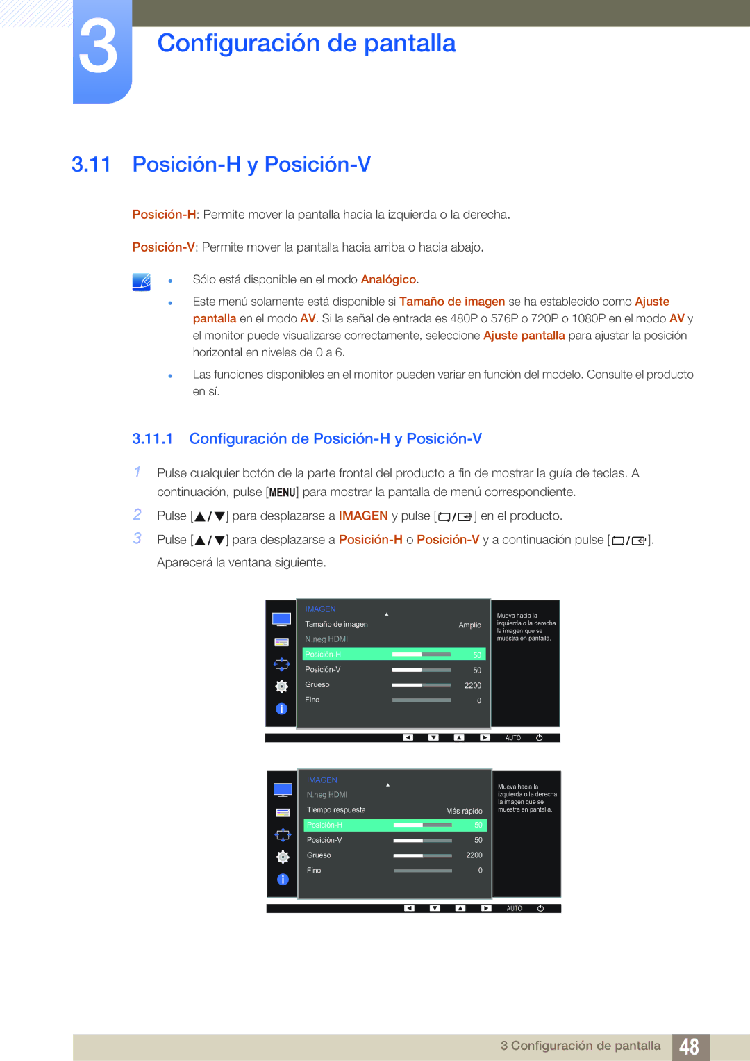 Samsung LS22D390QS/EN, LS27D390HS/EN, LS24D390HL/EN, LS22D390HS/EN manual Configuración de Posición-H y Posición-V 