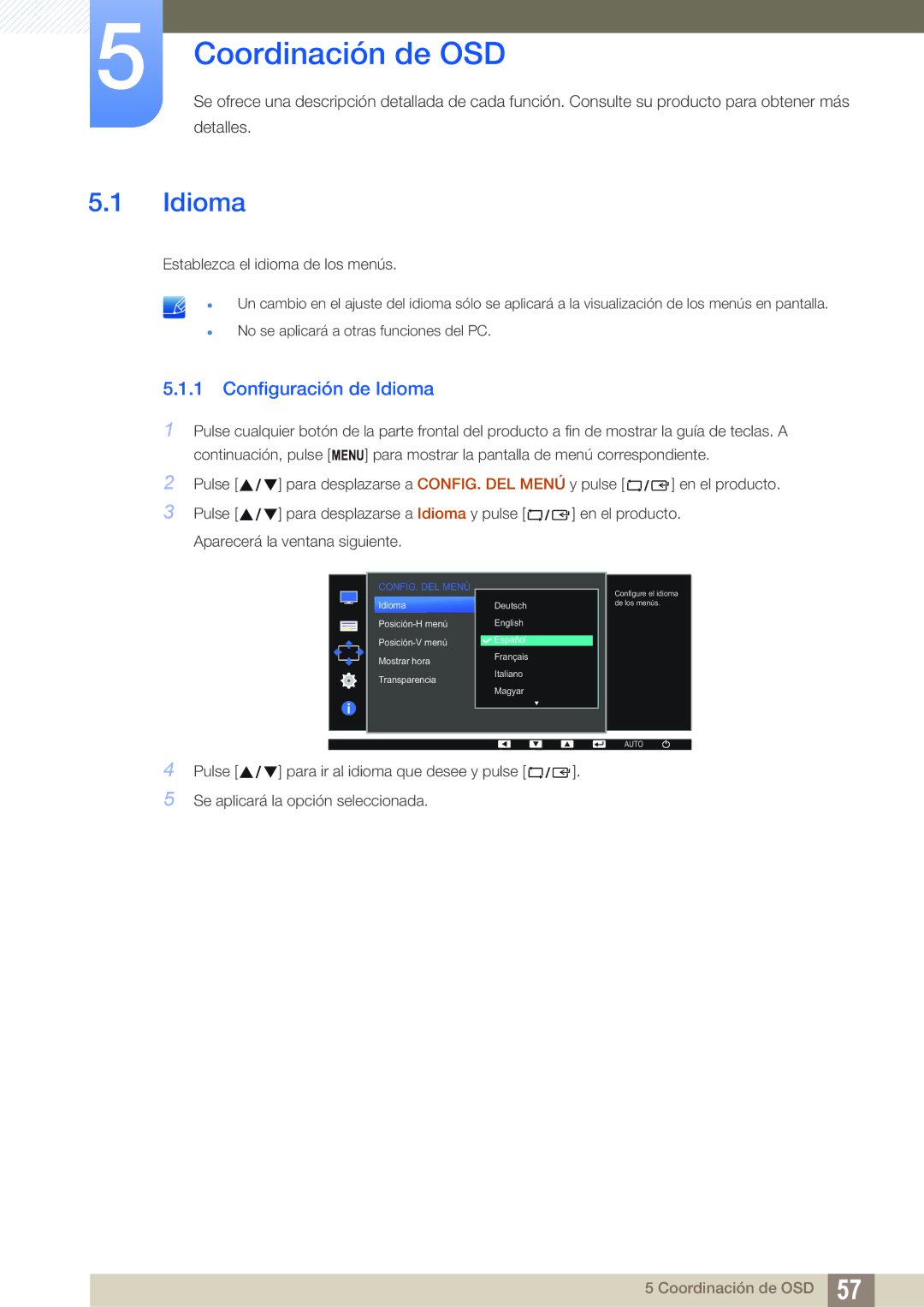 Samsung LS27D390HS/EN, LS22D390QS/EN, LS24D390HL/EN, LS22D390HS/EN manual Coordinación de OSD, Configuración de Idioma 