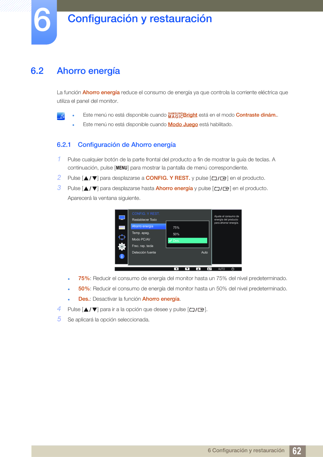 Samsung LS24D390HL/EN, LS22D390QS/EN, LS27D390HS/EN, LS22D390HS/EN manual Configuración de Ahorro energía 