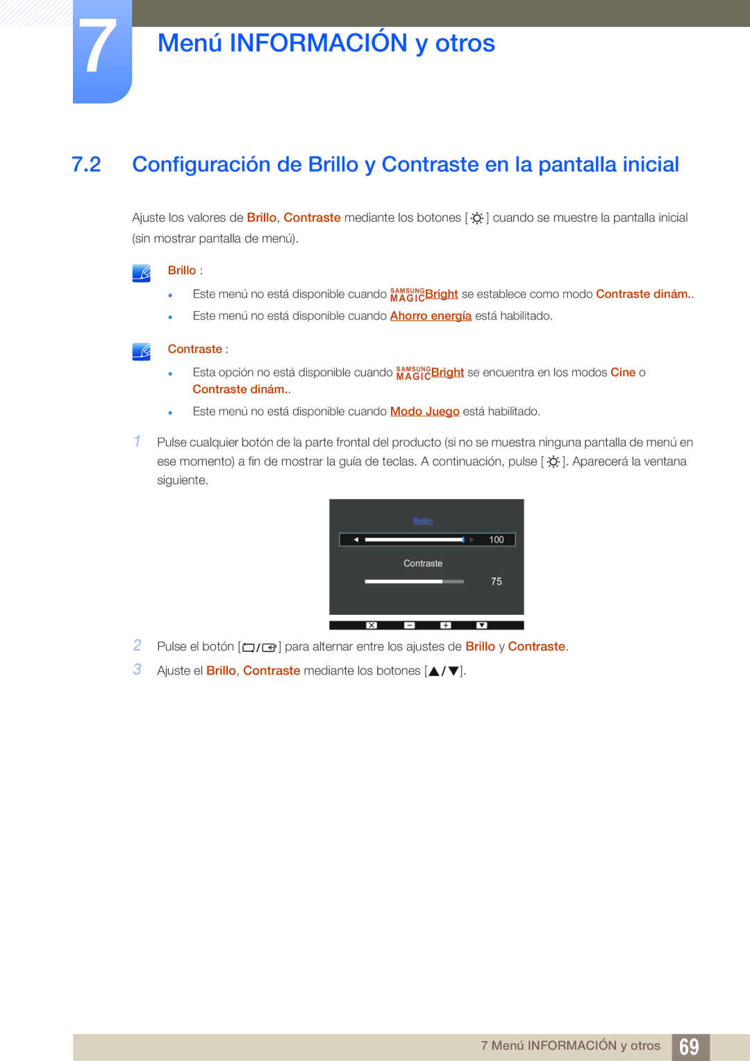 Samsung LS27D390HS/EN, LS22D390QS/EN, LS24D390HL/EN manual Configuración de Brillo y Contraste en la pantalla inicial 