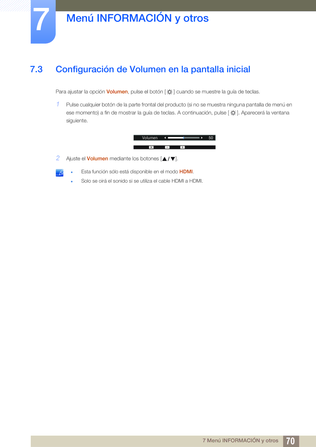 Samsung LS24D390HL/EN, LS22D390QS/EN, LS27D390HS/EN, LS22D390HS/EN manual Configuración de Volumen en la pantalla inicial 