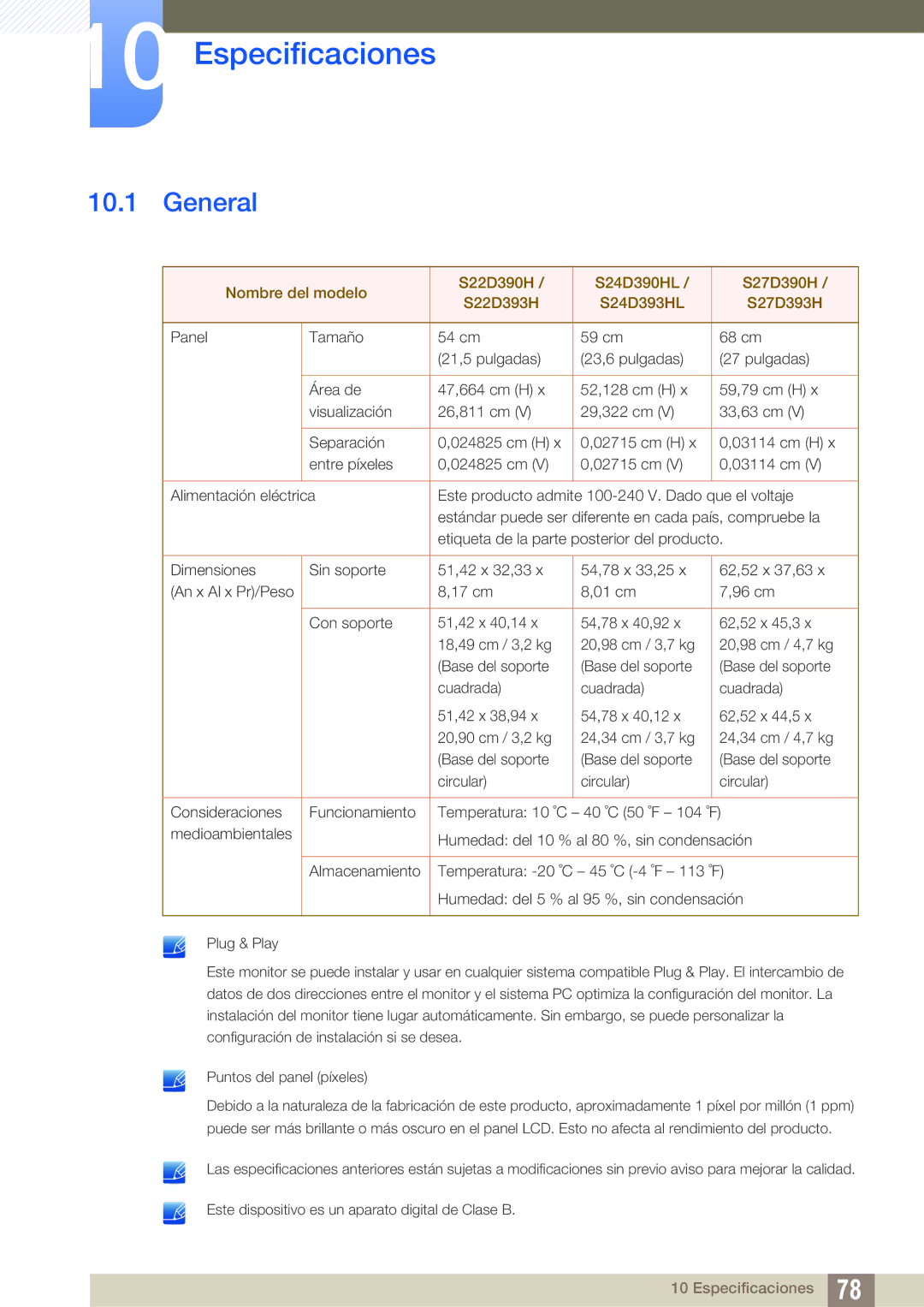 Samsung LS24D390HL/EN, LS22D390QS/EN, LS27D390HS/EN, LS22D390HS/EN manual Especificaciones, General 