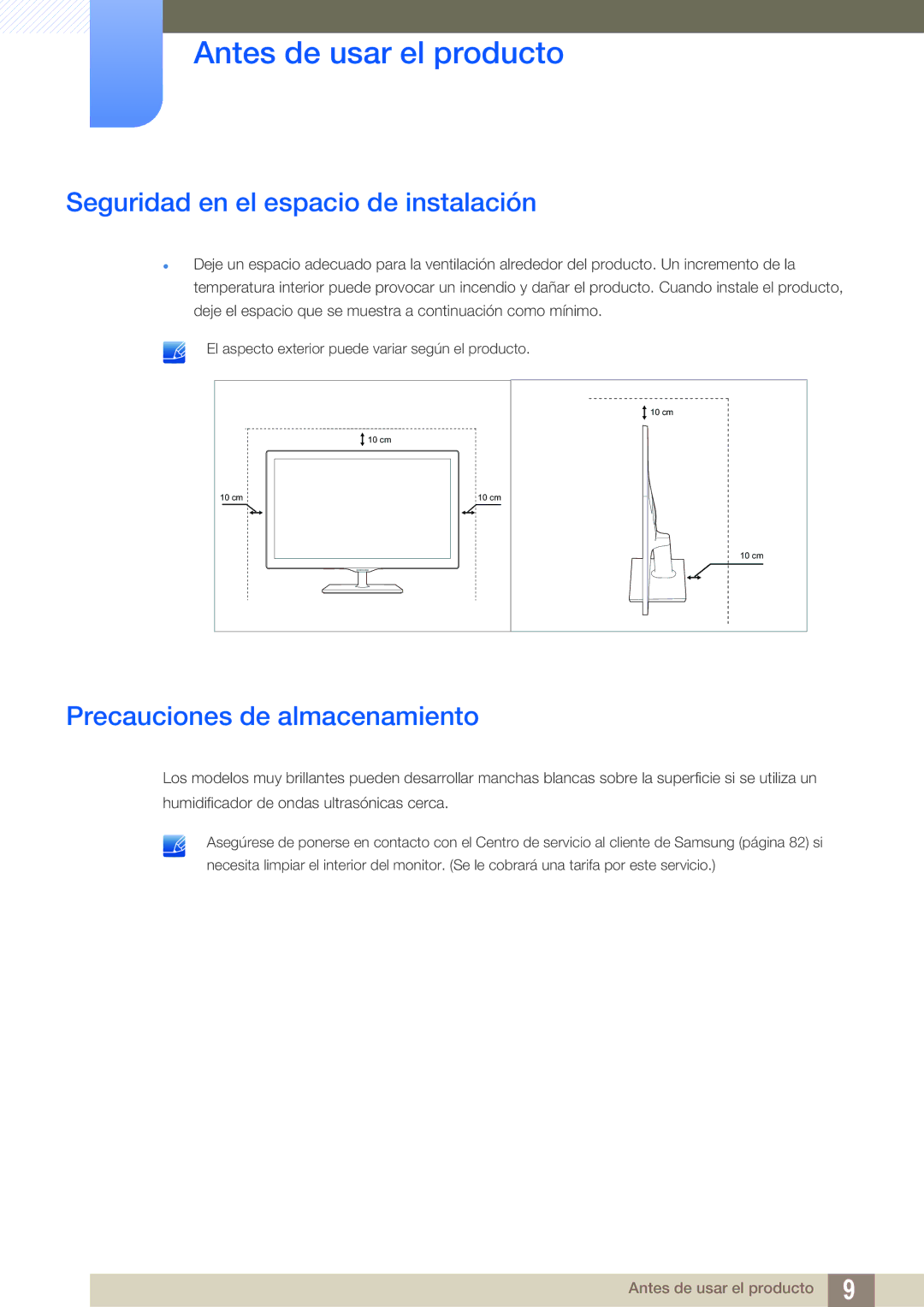 Samsung LS27D390HS/EN, LS22D390QS/EN, LS24D390HL/EN Seguridad en el espacio de instalación, Precauciones de almacenamiento 