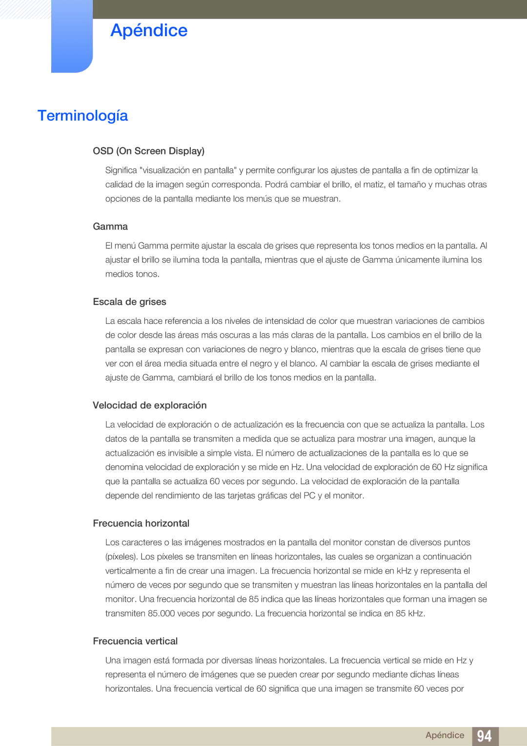 Samsung LS24D390HL/EN, LS22D390QS/EN, LS27D390HS/EN, LS22D390HS/EN manual Terminología, OSD On Screen Display 