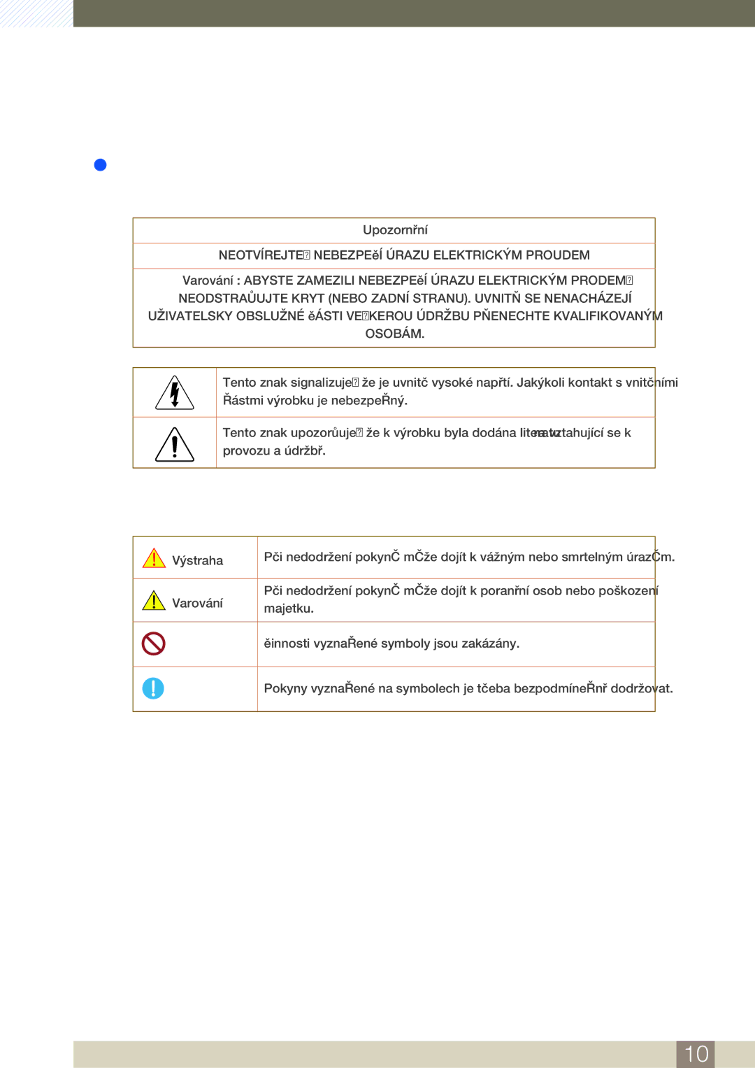 Samsung LS24D390HL/EN, LS22D390QS/EN, LS27D390HS/EN, LS22D390HS/EN manual Bezpečnostní opatření, Znaky 