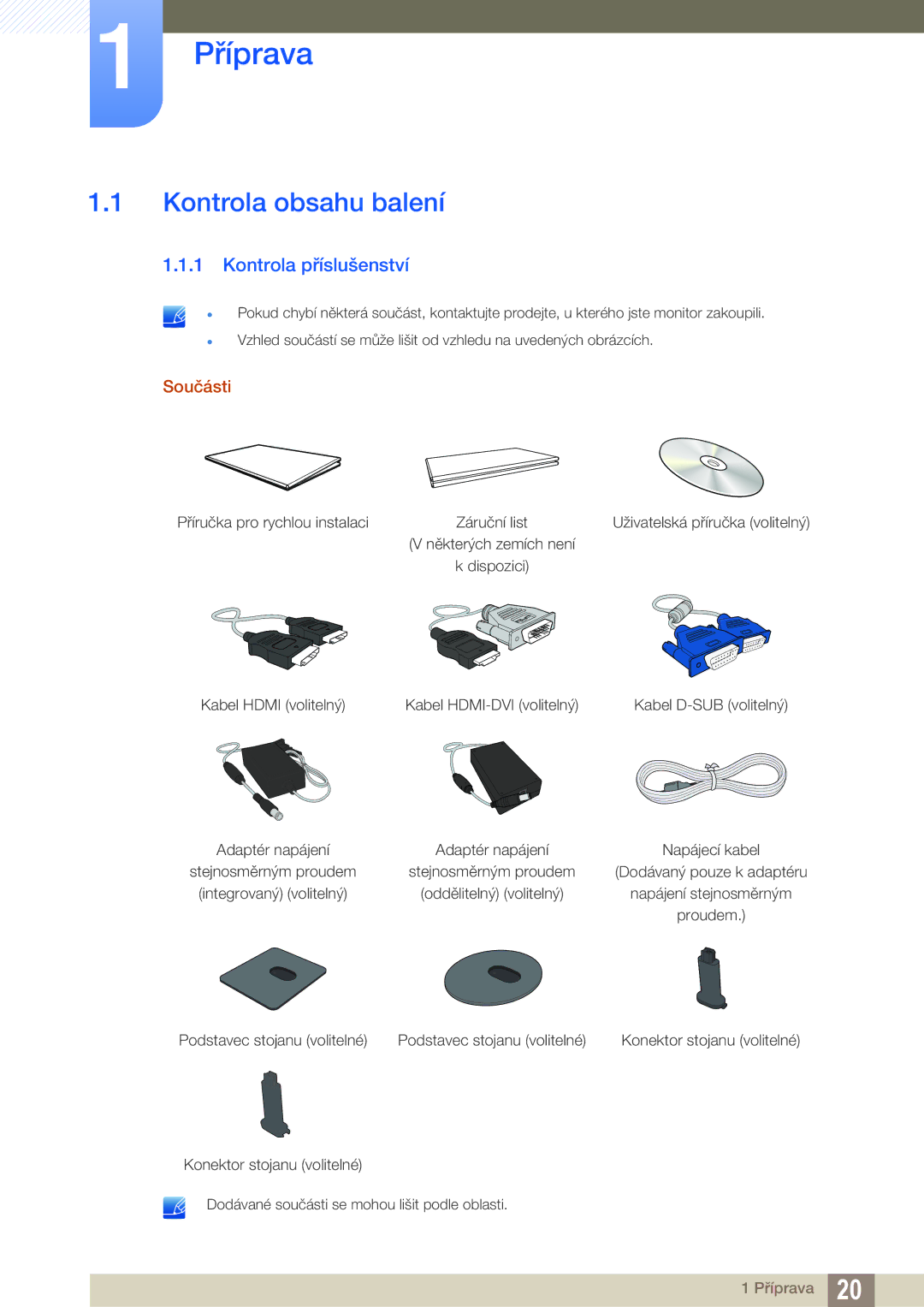 Samsung LS22D390QS/EN, LS27D390HS/EN, LS24D390HL/EN manual Příprava, Kontrola obsahu balení, Kontrola příslušenství, Součásti 