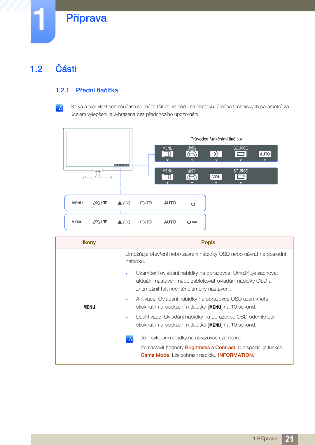 Samsung LS27D390HS/EN, LS22D390QS/EN, LS24D390HL/EN, LS22D390HS/EN manual Části, 1 Přední tlačítka 