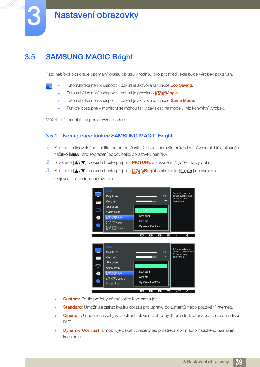 Samsung LS22D390HS/EN, LS22D390QS/EN, LS27D390HS/EN, LS24D390HL/EN manual Konfigurace funkce Samsung Magic Bright 