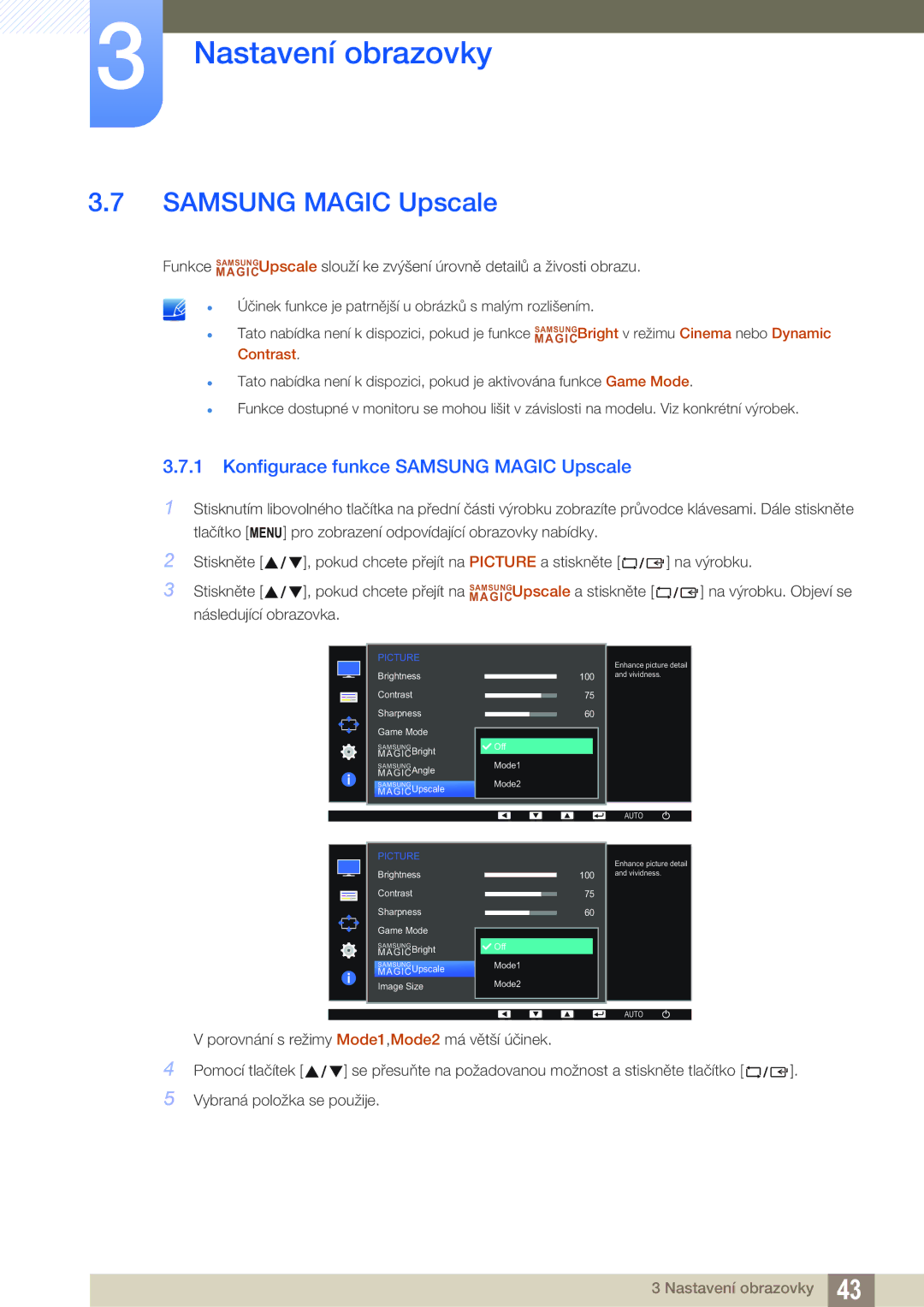 Samsung LS22D390HS/EN, LS22D390QS/EN, LS27D390HS/EN, LS24D390HL/EN manual Konfigurace funkce Samsung Magic Upscale 